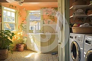 Interior design of a real laundry room with a washing machine. Generative AI