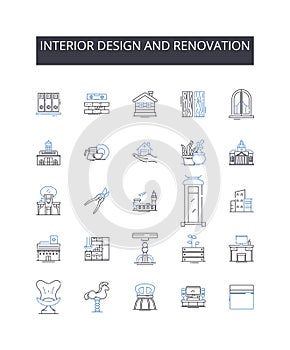 Interior design and renovation line icons collection. Home improvement, Decorating, Remodeling, Makeover, Refurbishment