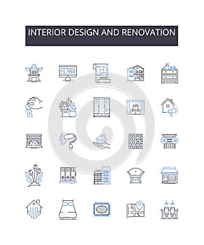 Interior design and renovation line icons collection. Home improvement, Decorating, Remodeling, Makeover, Refurbishment