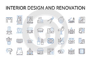 Interior design and renovation line icons collection. Home improvement, Decorating, Remodeling, Makeover, Refurbishment