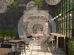 The interior design of the restaurant is loft style. Tables with chairs on the background of a black wall with a decorative 3D pan