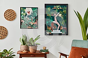 Interior design of retro living room with stylish vintage armchair, shelf, house plants, decoration and two mock up poster frames.