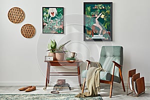 Interior design of retro living room with stylish vintage armchair, shelf, house plants, decoration and two mock up poster frames.