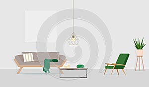 Interior design of the room with a gray sofa, an armchair and an empty poster on the wall. Vector flat illustration.