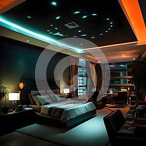 An interior design, room illuminated by LED lights, modern, geenrative ai