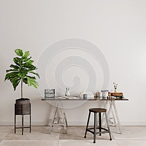 Interior design of a room with table  chair and green plant  wall mockup
