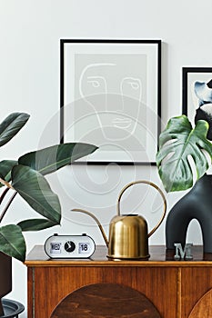 Interior design of scandinavian living room with stylish wooden commode, mock up poster frames, tropical leaf in vase, water can.