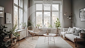 Interior design of scandinavian retro living room. Created with generative Ai technology