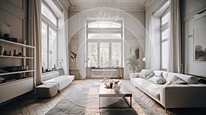 Interior design in Scandinavian style, modern living room in country house, villa, hotel. Minimalism, panoramic windows