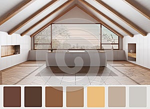Interior design scene with palette color. Different colors and patterns. Architect and designer concept idea. Minimal white attic