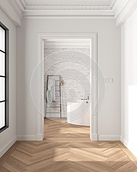 Interior design showcase, classic hallway with parquet and molded walls, modern bathroom with arched brick walls and freestanding