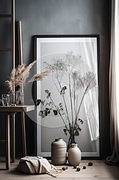 Interior design with small decorations and mock up canvas frame. Generative Ai