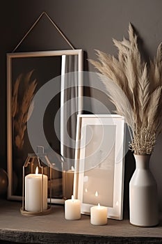 Interior design with small decorations and mock up canvas frame. Generative Ai