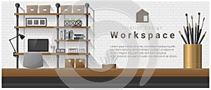 Interior design with table top and Modern office workplace background