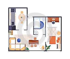 Interior design top view. Apartment floor plan overhead. Home floorplan layout with furniture. House with kitchen
