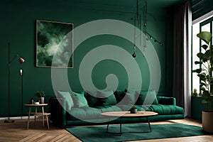 Interior design of a trendy dark green living room, wall mock up Generated Ai