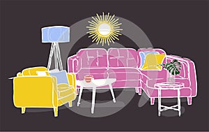 Interior design vector illustration. furniture art drawing. trendy modern contemporary style. hand drawn. sketch. pink yellow armc