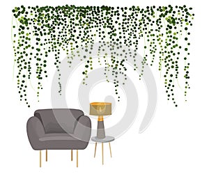 Interior design vector illustration. modern style furniture. designer armchair lamp ivy plant wall. botanical home house decoratio