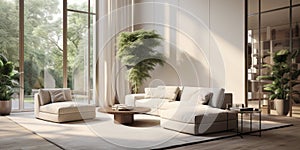 Interior design view of a living room, neutral colours and design furniture