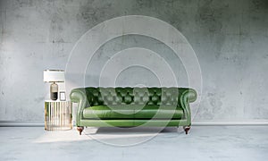 Interior design of vintage loft apartment, leather green sofa in a room, gray loft wall mockup in home design