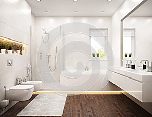 Interior design of white bathroom with window