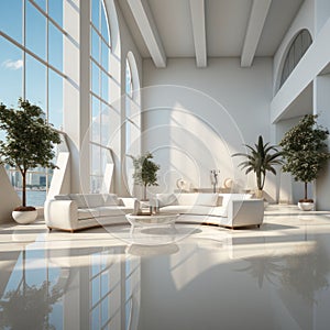Interior design, white living room with high ceiling. AI generative