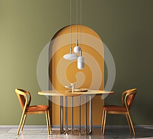 Interior design with wooden round table and chairs. Modern dining room with green and orange wall. Cafe, bar or restaurant