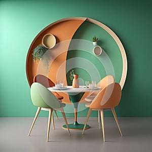 Interior design with wooden round table and chairs. Modern dining room with green and orange wall. Cafe, bar or restaurant