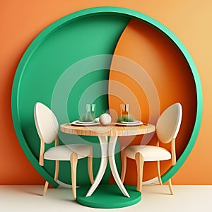 Interior design with wooden round table and chairs. Modern dining room with green and orange wall. Cafe, bar or restaurant