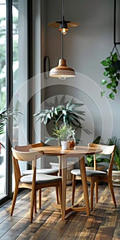 Interior design with wooden round table and chairs. Modern dining room with white wall.