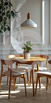 Interior design with wooden round table and chairs. Modern dining room with white wall.