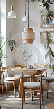 Interior design with wooden round table and chairs. Modern dining room with white wall.