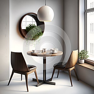 Interior design with wooden round table and chairs. Modern dining room with white wall. Cafe, bar or restaurant interior design.