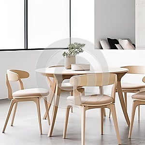 Interior design with wooden round table and chairs. Modern dining room with white wall. Cafe, bar or restaurant interior design