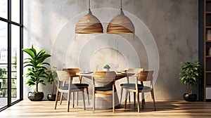 Interior design with wooden round table and chairs. Modern dining room with white wall. Cafe, bar or restaurant interior design