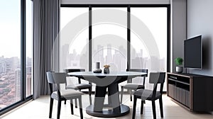 Interior design with wooden round table and chairs. Modern dining room with white wall. Cafe, bar or restaurant interior design