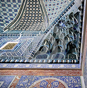 Interior detail of a mausoleum in the Shakhi Zinda necropolis in Samarkand, Uzbekistan