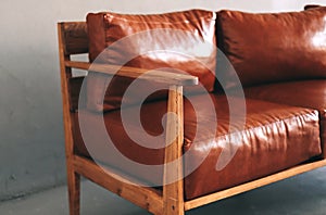 Interior detail of modern living room with brown leather sofa. Close-up