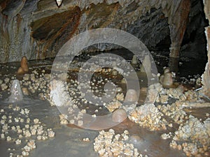 Interior detail of stalactites and stalagmites of the Toirano caves