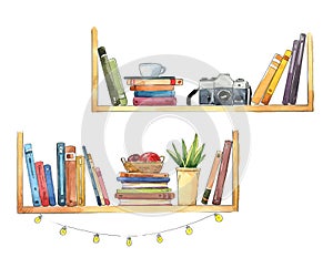 Interior details. Bookshelves with books and different objects watercolor illustration