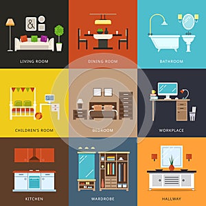 Interior of different rooms types. Vector illustration in flat style