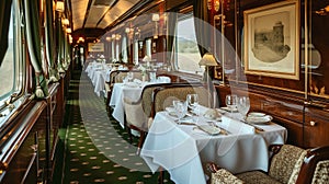 Interior of dining car in luxury train