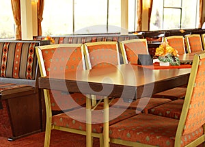 Interior of dining room in a river cruise ship