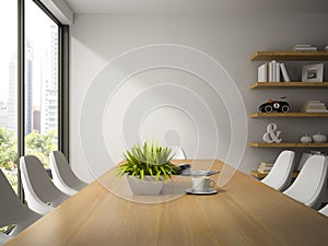 Interior of dining room with shelves 3D rendering