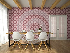 Interior of dining room with vinous wallpaper 3D rendering photo