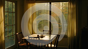 Interior of a dining room with a window overlooking the autumn forest. Table and four chairs in the room near the window