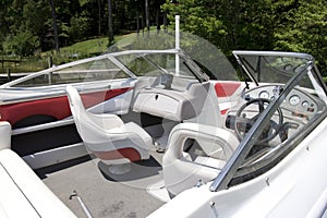 Interior of docked speed boat.