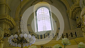 Interior dolly of old church pews