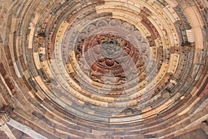 Interior of a dome in the arcades close of the big minaret, Qutub Minar complex. Round ceiling in the minaret.  Delhi India