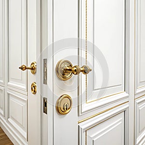 Interior door with gold knobs isolated on transparent background